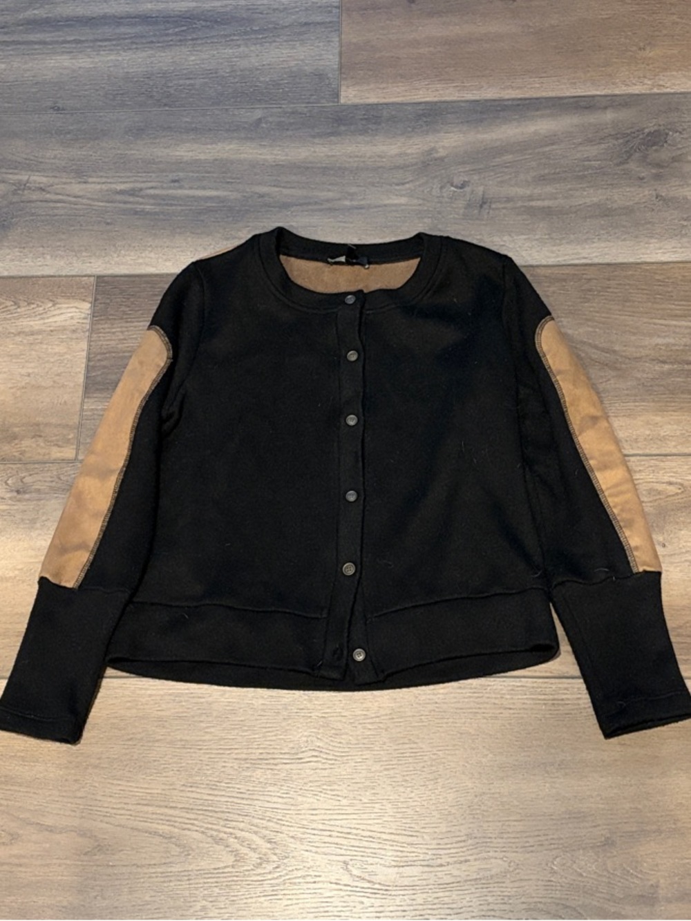 DREW New York Black Button Down Sweater Cardigan Jacket with Tan Elbow Panels